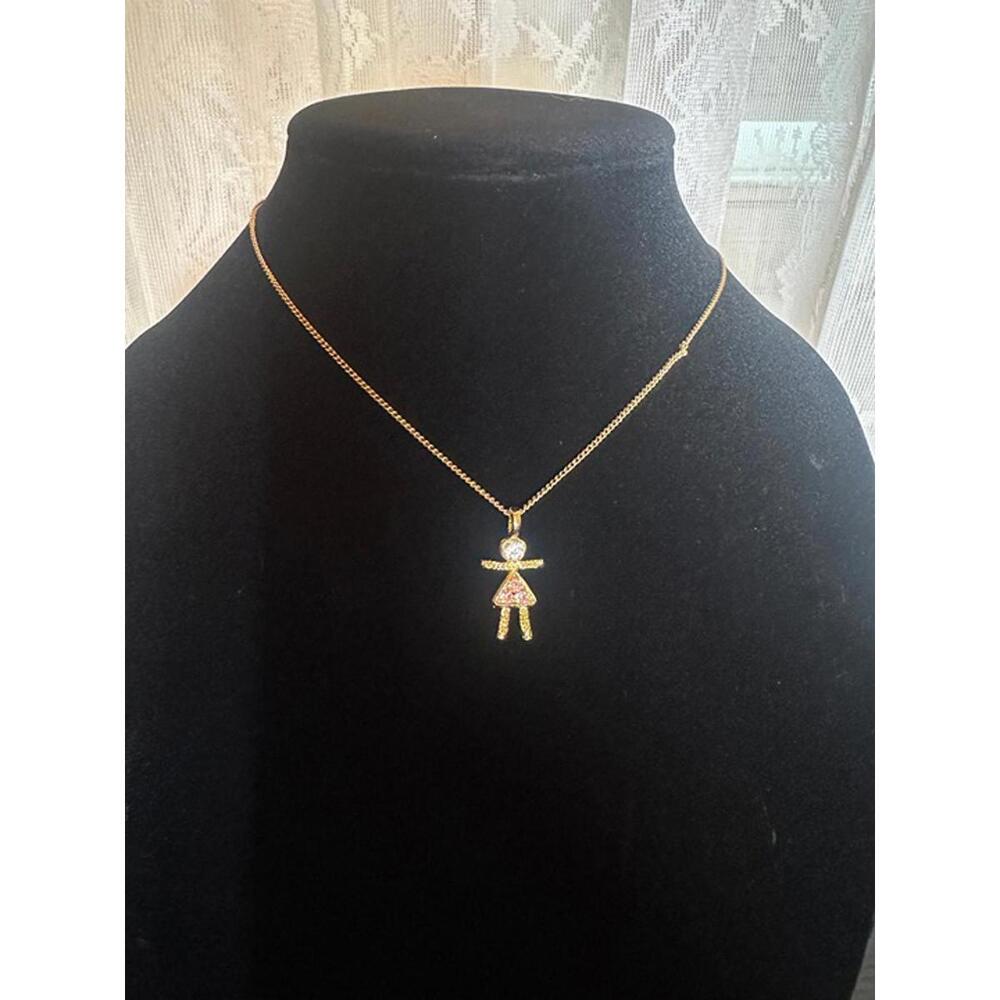 Gold-Tone Girl Pendant Necklace with Pink Rhinestones - Picture 2 of 2